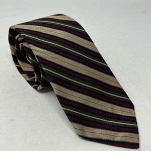 VINTAGE NEIMAN MARCUS 100% SILK TIE STRIPE BURGUNDY BLUE GREEN TAN